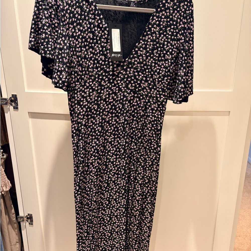 Nasty Gal Black and Pink Floral Midi Dress